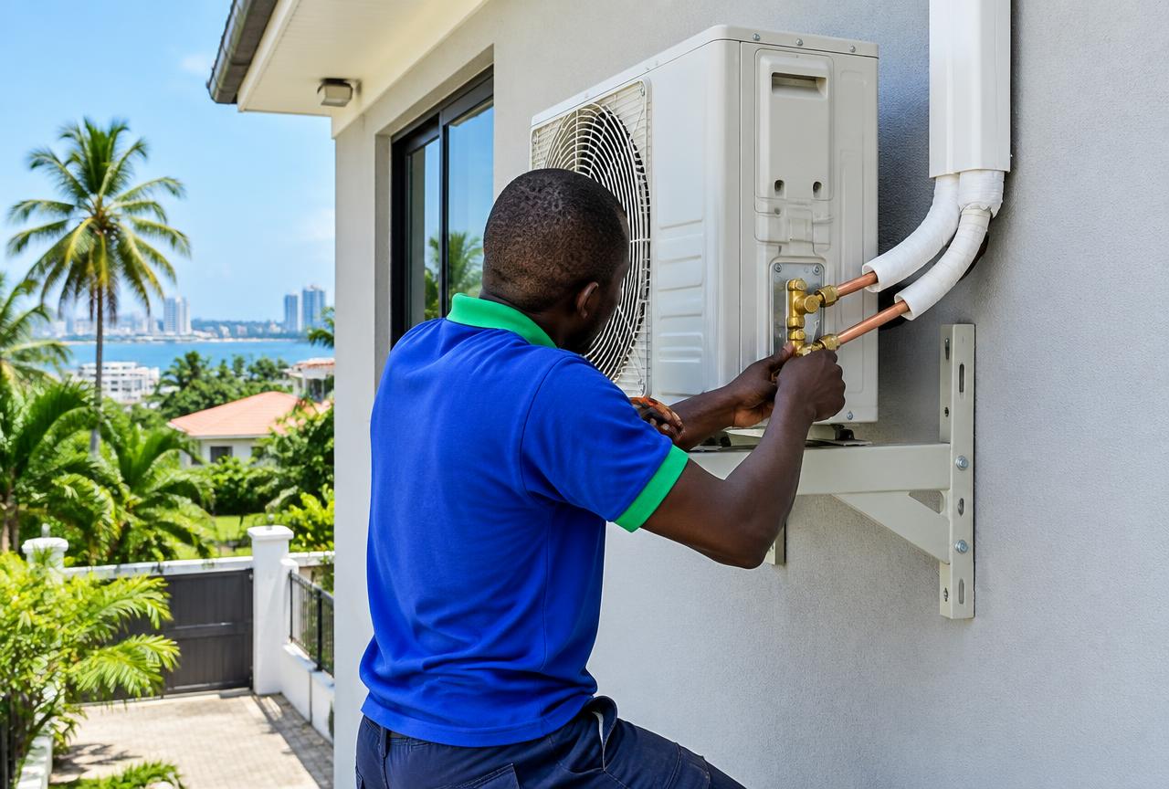 Regata technician installing an outdoor air conditioning unit on a house in Masaki, Dar es Salaam