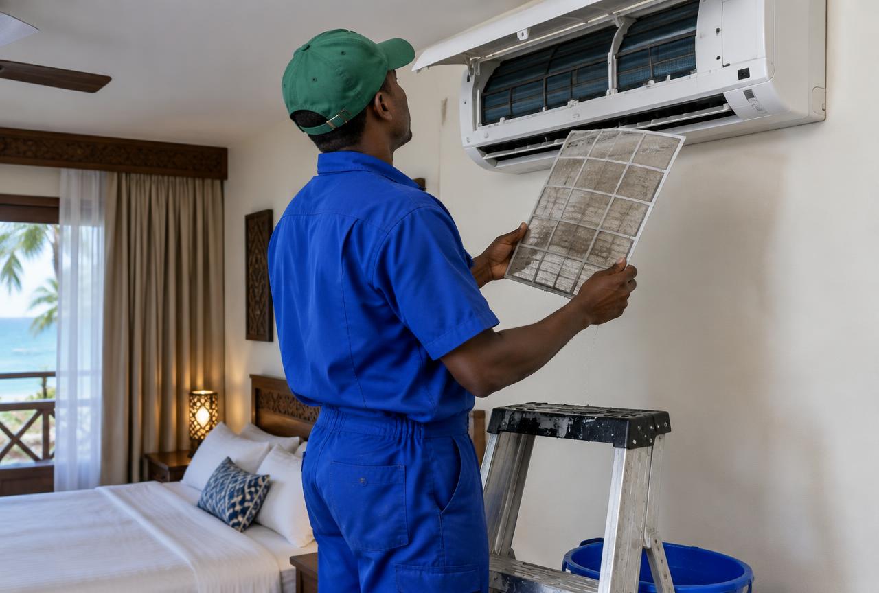Regata technician cleaning air conditioner filters in a hotel room in Zanzibar