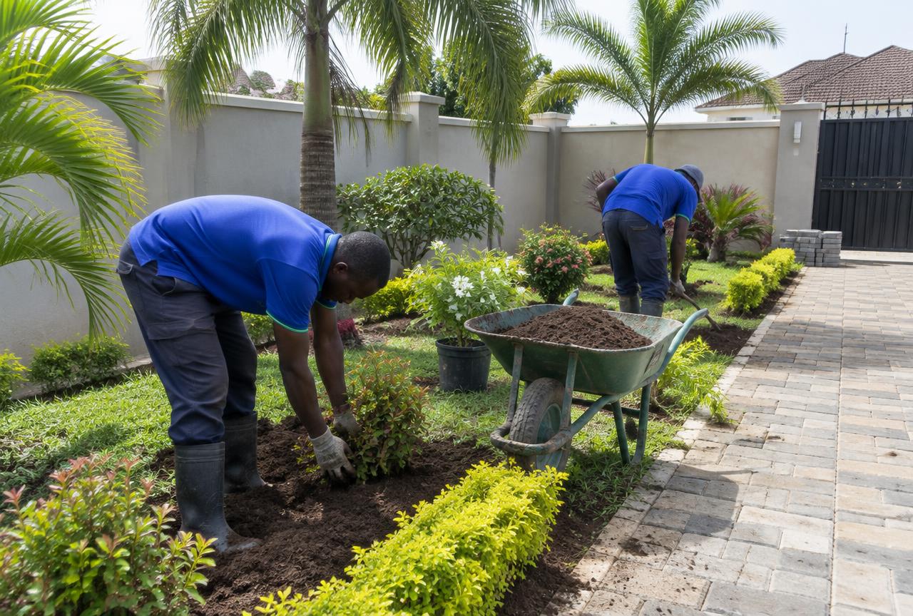Gardeners planting shrubs and shaping flower beds in Mikocheni, Dar es Salaam
