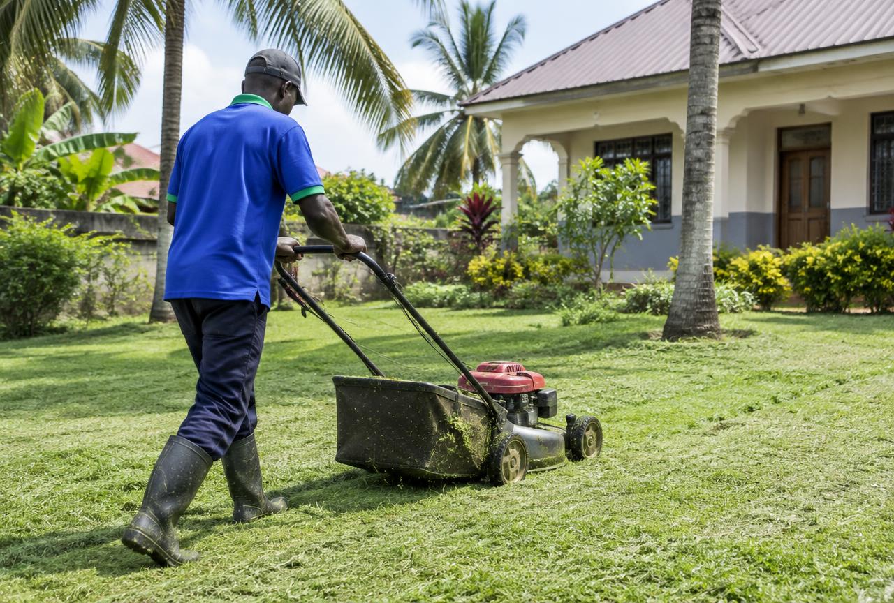 Gardener mowing a restored lawn in Mbezi Beach, Dar es Salaam