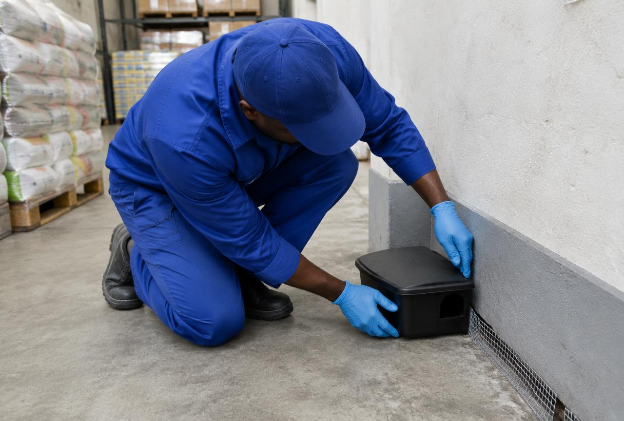 Technician fitting a rodent bait station in a warehouse in Ubungo, Dar es Salaam