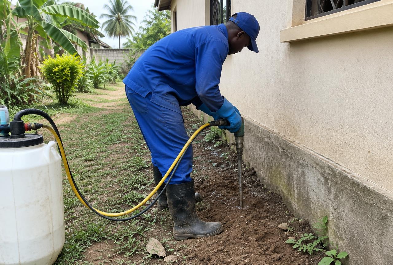 Termite soil treatment beside a house foundation in Sinza, Dar es Salaam