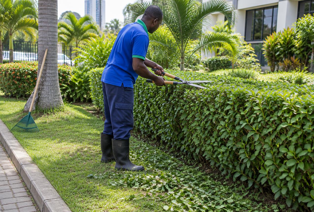 Gardener trimming a hedge at an office compound in Oysterbay, Dar es Salaam